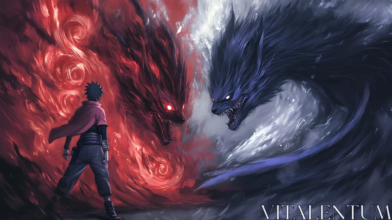 Red cloaked warrior facing dual elemental demon wolf spirits