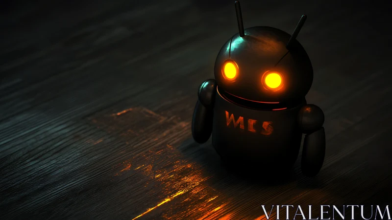 Glowing-eyed black robot stands on moody reflective floor.