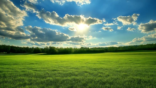 Sunlit meadow under dramatic cloud-sculpted sky panorama.