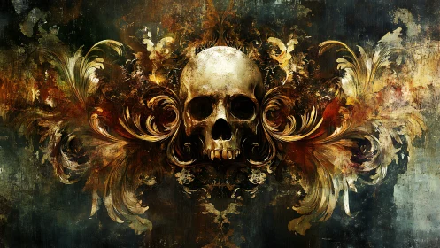 Human skull centered in ornate abstract floral composition.