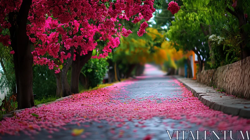 Blooming pink lane inviting quiet, unhurried wanderings.