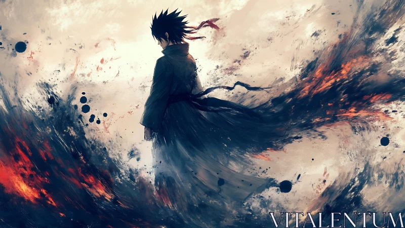 Solitary anime figure dissolves into dynamic fiery brushstroke vortex