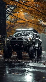 Photorealistic lifted SUV in moody autumn forest setting.