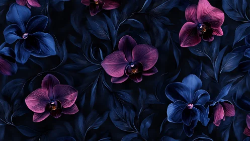 Midnight orchids glowing softly in deep velvety blues.