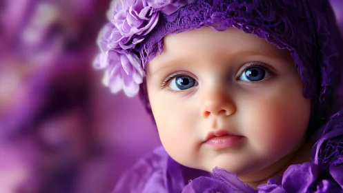 Infant with Blue Eyes Wearing Purple Decorative Headwear