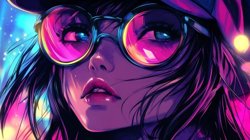 Neon-lit girl gazes through glowing cyberpunk glasses.