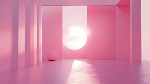 Pink geometric room with glowing sunlit circular opening.