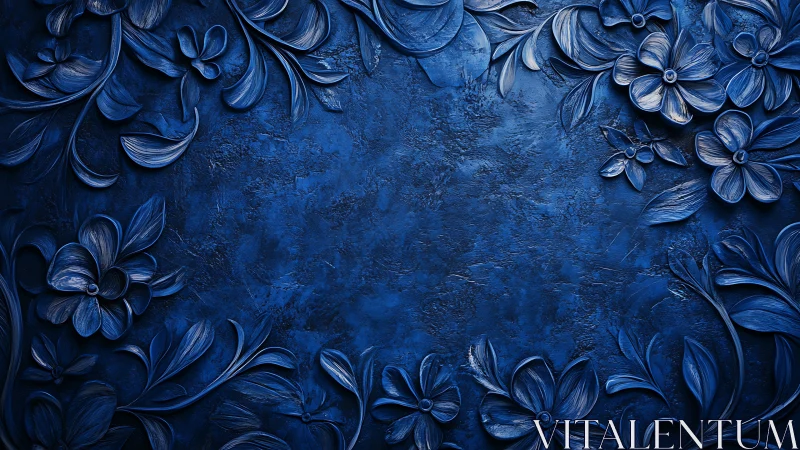 Sculptural Flowers Relief Against Deep Blue Textured Surface.