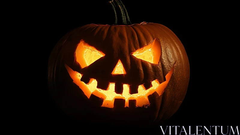 Grinning carved jack-o’-lantern glowing against deep black.