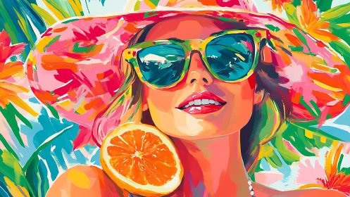 Vibrant summer portrait of woman in hat and sunglasses.