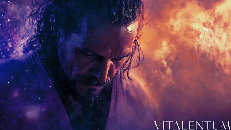 Male figure is rendered against contrasting nebula-like clouds