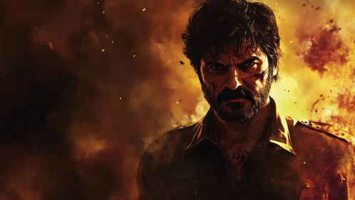 Scorched fury walks forward through a storm of burning embers