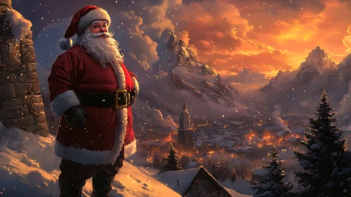 Santa Claus overlooks a snowbound alpine town at glowing dusk
