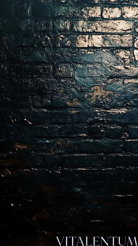 Wet dark brick wall with subtle light reflections.