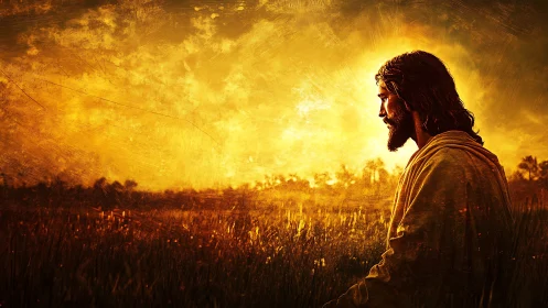 Solitary robed man in golden sunset field profile view.