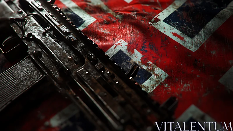 Weathered rifle detail on distressed red tactical fabric.