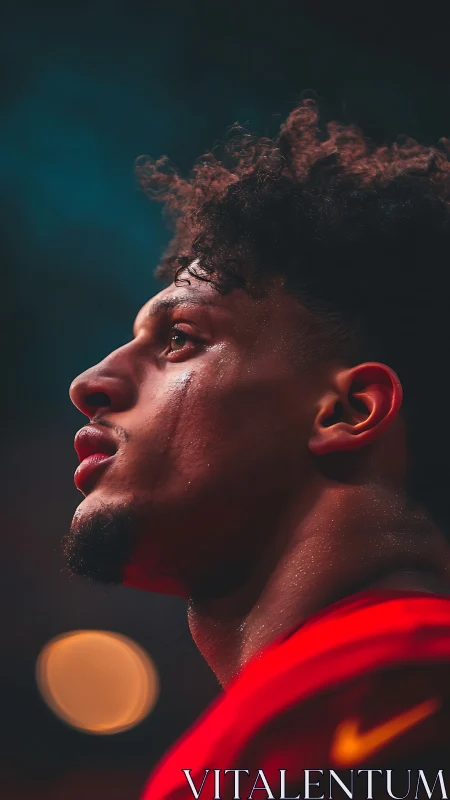 Focused football player under stadium lights at dusk.