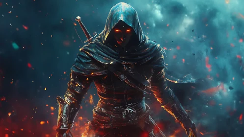 Hooded ember knight steps from smoky shadows of battle.