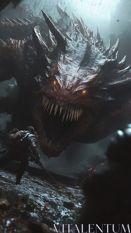 Lone warrior stands firm before a roaring colossal beast.