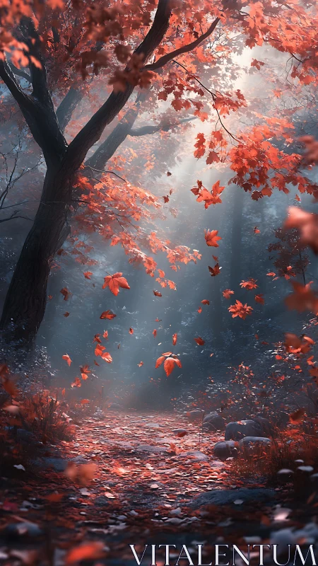 Autumn forest path with falling red leaves and soft light.