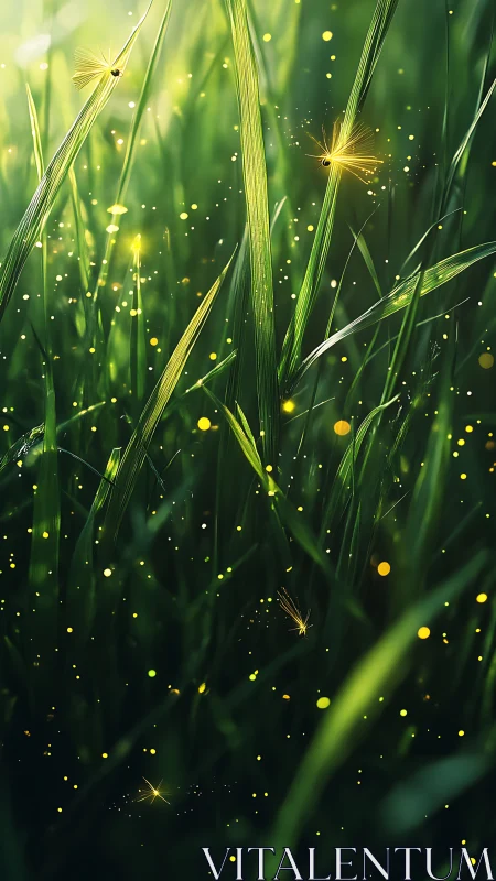 Glowing fireflies drift through tall summer grass at dusk.