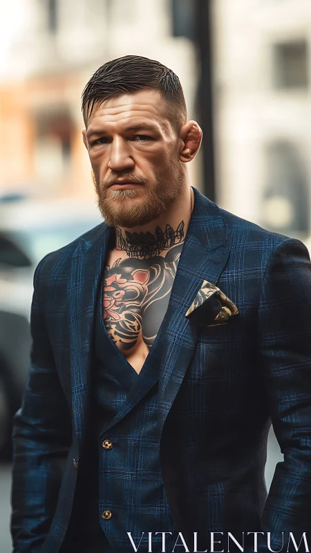 Bearded man in blue plaid suit with bold chest tattoo.