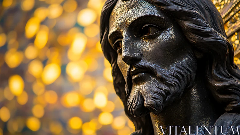 Mosaic-faced bearded statue head with golden bokeh background.