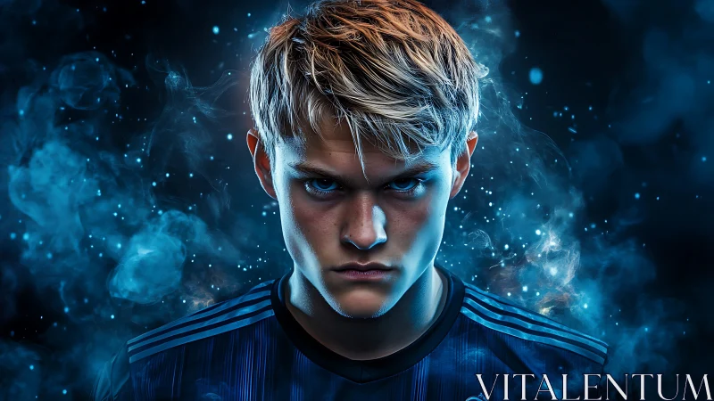 Intense young athlete in blue smoke-lit digital portrait.