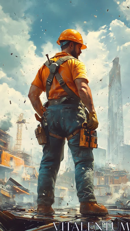 Construction worker surveys futuristic city rebuild from height