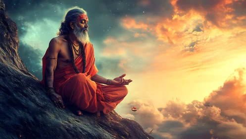 Elderly robed man seated on rocky slope at vivid sunset.