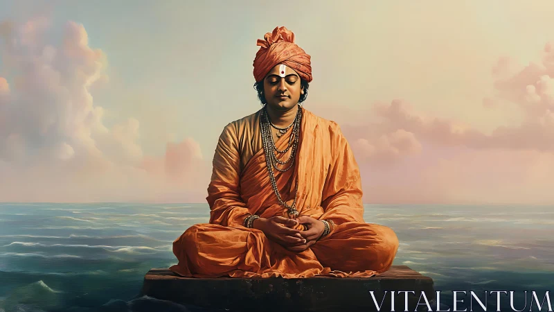 Serene monk in saffron robes quietly meditating above water