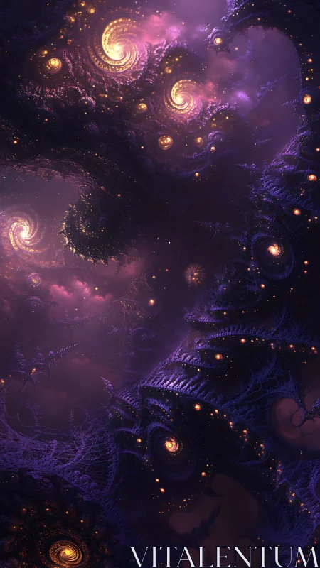 Fractal nebula spirals glow within deep violet cosmic void
