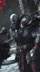 Battle-hardened warrior strides through a harsh snowy ruin