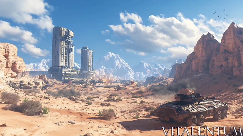 Armored vehicle near desert industrial complex and mesas.