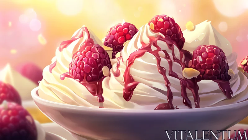 Raspberry coulis over whipped vanilla cream in porcelain dessert bowl