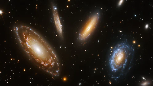 Whirling galaxy quartet drifting like lanterns in velvet space.