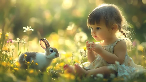 Photorealistic child and rabbit in backlit meadow tableau.