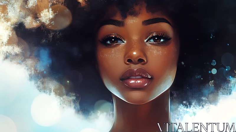 Luminous digital portrait of woman framed by cosmic bokeh.