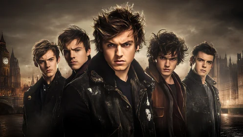 Brooding young men stand defiant before stormy London skyline