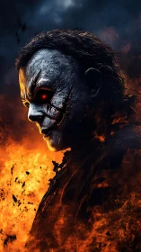 Burned horror mask portrait with glowing eyes and dynamic fire lighting