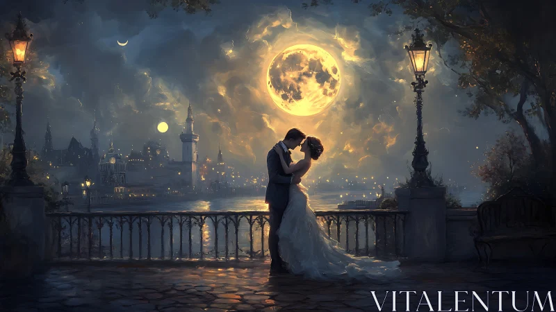 Moonlit Romance: Lovers Kiss Beneath Giant Golden Orb.