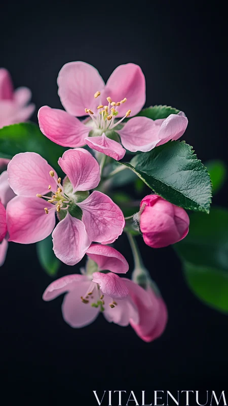 Pink Apple Blossoms in Full Bloom Against Dark Background.