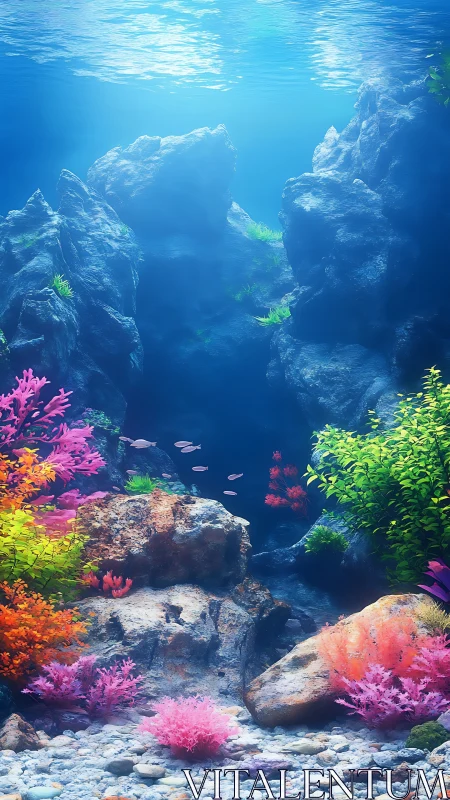 Colorful coral reef with rocky cave in clear blue water.