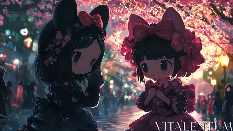 Chibi girls in frilled dresses under glowing cherry blossoms.
