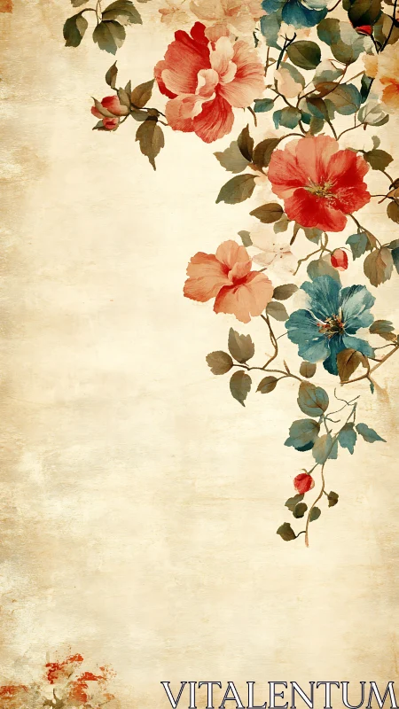 Vertical floral illustration shows clustered blossoms on beige
