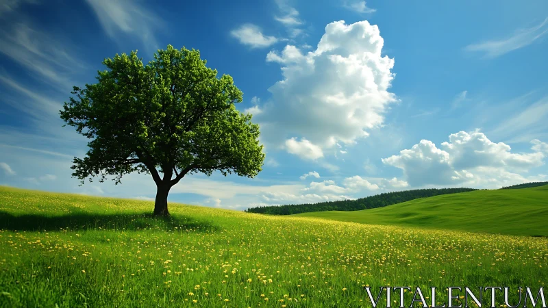Isolated deciduous tree on rolling meadow under cumulus sky