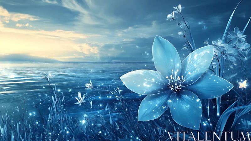 Glowing blue wildflower beside a tranquil twilight lake.