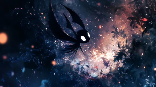 Midnight wisp darts through a glittering enchanted forest veil