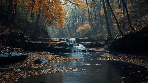 Serene Autumn Stream Flowing Through Golden Forest.