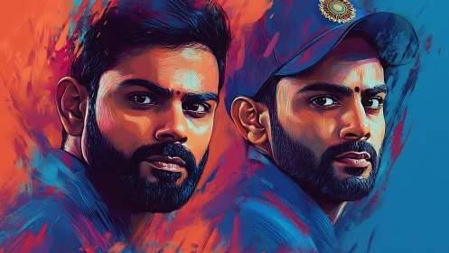 Bold dual cricket portraits in vivid split-color strokes.